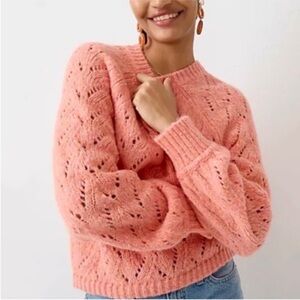 J. Crew Pink Pointelle Knit Sweater Small Balloon Sleeve Soft Cozy Preppy Coral